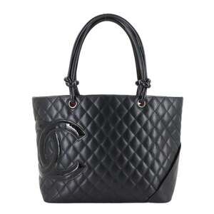 CHANEL Cambon Line Large Tote Bag in Black Enamel Calfskin Leather (A25169)